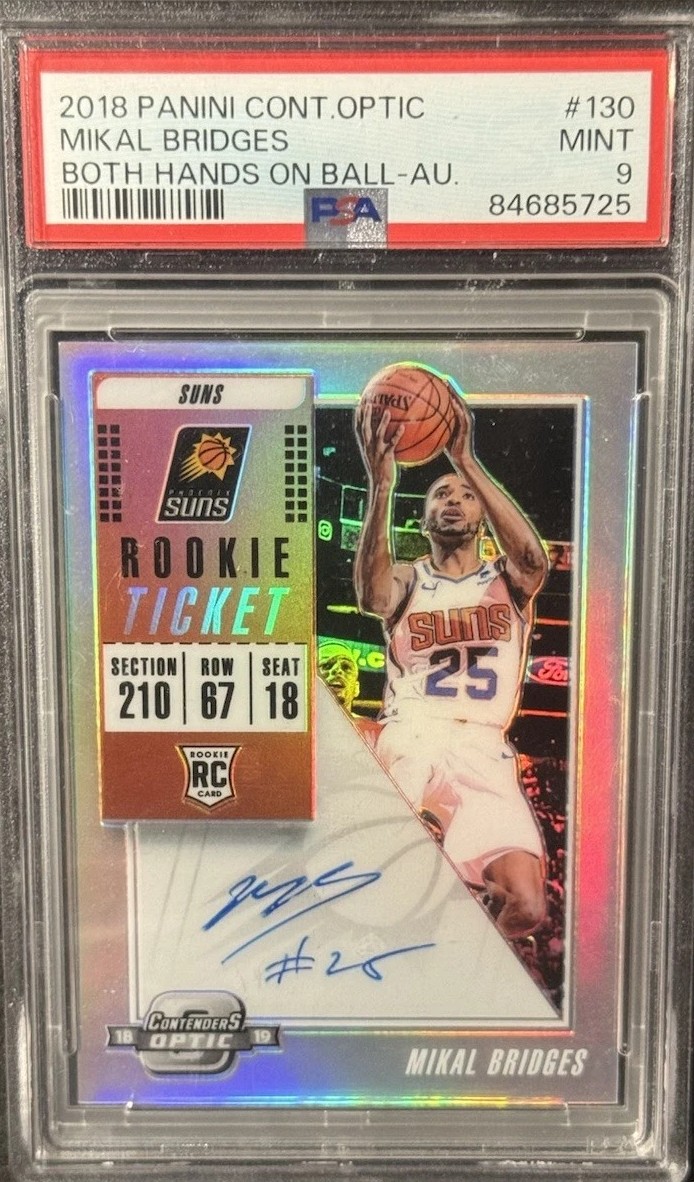 2018-19 Contenders Optic Mikal Bridges Both Hands On Ball Holo Rookie Auto PSA 9